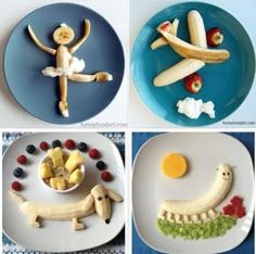 four different pictures of food made to look like people in the form of bananas and fruit