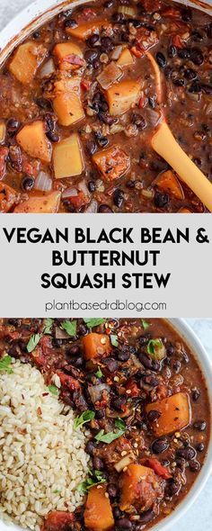 vegan black bean and butternut squash stew in a white bowl