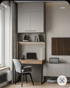 a room with a desk, chair and television on the wall next to a window