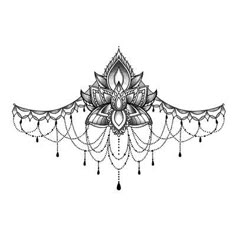 a black and white drawing of a flower with beads hanging from it's petals