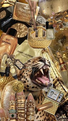 a collage of many different items including shoes, jewelry and a leopard's head