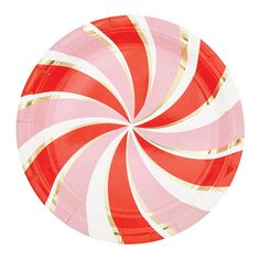 a pink and gold paper plate with a candy cane design on the front, against a white background