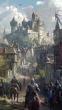 a group of people on horses in front of a castle