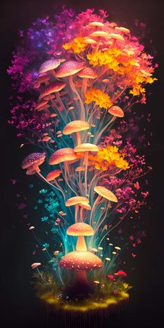 an artistic painting of mushrooms and flowers on a black background, with the colors changing from yellow to red