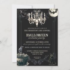 an elegant halloween party with chandelier and skulls on the front, black background