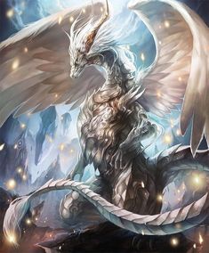 a white dragon sitting on top of a rock next to a sky filled with stars