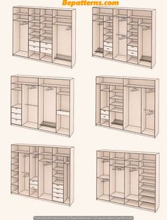 four different types of closets with drawers and shelves on each side, all labeled in white