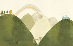 an illustration of three hills with trees and buildings on top, one hill has a rainbow in the sky