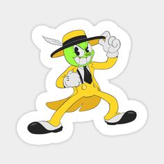 a cartoon character in a yellow suit and hat running with his hand on his hip