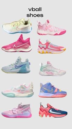 the different types of shoes are shown in this graphic style, including pink, blue and white