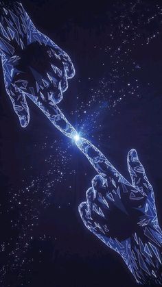 a hand holding a glowing object in the air with stars and sparkles around it