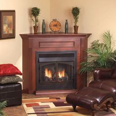 Empire  Corner Cherry Cabinet Mantel for Vail Premium Gas Fireplaces Corner Mantel, Corner Fireplace Mantels, Corner Fireplaces, Corner Gas Fireplace, Wooden Mantel, Ventless Fireplace, Gas Fireplaces, Fireplace Logs, Fire Pit Furniture