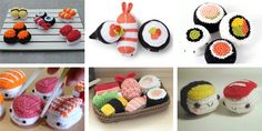 crocheted food items are shown in four different pictures, including hotdogs and hamburgers