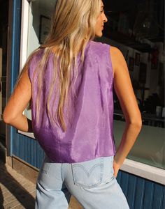 Vintage silk top in purple. Sleeveless. Scoop neckline. Size M/L, UK 12-18 / EU 40-46. Measurements- 40"(102cm) bust - 20"(51cm) top length. Material- Silk Condition - Excellent. Care - Handwash Cold Handpicked, repaired and ready to wear. This is an original vintage item, not new and minor signs of wear & age are expected, we will highlight any major flaws.Model is a UK 6/8 and is 5'7" tall Chic Purple Tank Top For Spring, Chic Purple Summer Tops, Purple Camisole Top For Summer, Purple Camisole Top For Spring, Lavender Camisole Top For Summer, Purple Tank Top For Spring, Purple Sleeveless Tops, Lavender Sleeveless Camisole For Summer, Purple Sleeveless Blouse For Spring