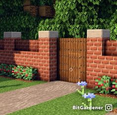 an image of a garden in minecraft with flowers and plants on the side walk