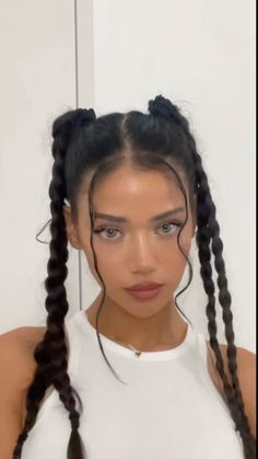 Hair Buns With Braids, Cute Dance Hairstyles For Short Hair, Sweat Tour Hairstyles, Space Buns With Bubble Braids, Four Ponytails Hairstyles, Braids With Accessories Hair Ideas, French Braid To Pigtails, 2 Pony Braids, Bubble Braids Straight Hair