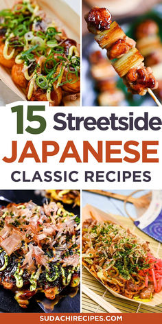 Popular Japanese street food collage featuring takoyaki with green onions, glazed yakitori skewers, and okonomiyaki topped with bonito flakes Street Food Ideas, Japanese Street Food Recipes, Street Food Recipes, Japanese Street Food, Japanese Festival, Night At Home, Street Foods, Tender Beef