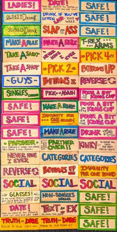 a large poster with many different types of signs on it's sides and words written in bold colors