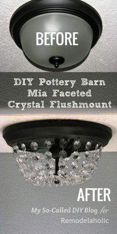 the before and after of a diy pottery barn chandelier with crystal flushmount