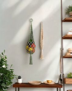 a room with some shelves and plants on the wall next to it is a potted plant hanging from a hook