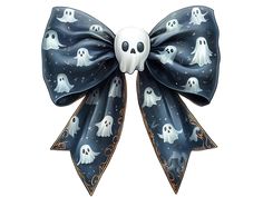 a large bow decorated with ghost heads and white faces is featured in this image,