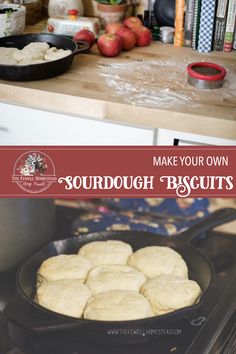 homemade sourdough biscuits cooking in a cast iron skillet on top of an oven