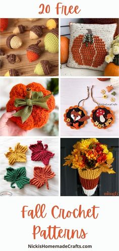 knitted pumpkins and leaves with text overlay that reads 20 free fall crochet patterns