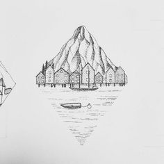 two drawings of mountains and houses in the water