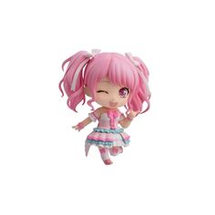 a pink and white doll is flying through the air with her hair in pigtails