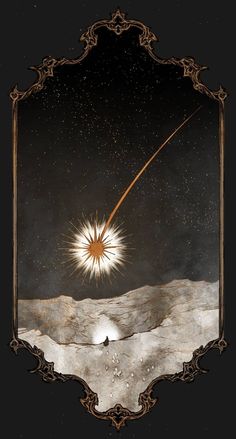 an illustration of a shooting star over the moon with stars in the sky above it