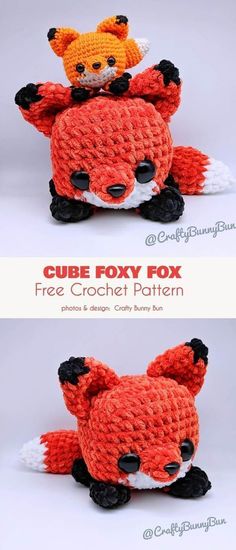 crochet pattern for a stuffed fox with two different angles to the front and back