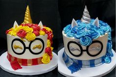 two cakes decorated to look like unicorns with glasses