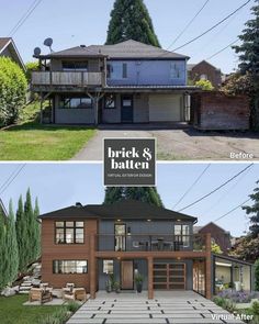 before and after photos of a two story house