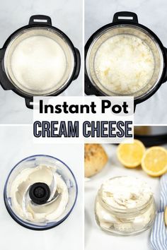 four photos showing how to make instant pot cream cheese in the crockpot with lemons