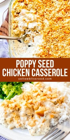 poppy seed chicken casserole on a plate with broccoli