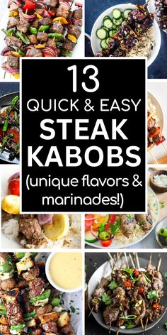 steak kabobs with various vegetables and sauces