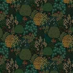 an image of a green and yellow floral pattern on a black background with lots of small flowers