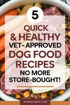 a bowl filled with meat and veggies that says 5 quick & healthy vet - approved dog food recipes no more store bought