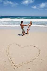 a man and woman standing on top of a sandy beach next to the ocean with a heart drawn in the sand