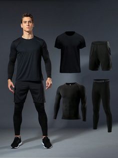 Black  Collar   Letter Tights Embellished Medium Stretch  Men Activewear Gym Looks Outfits Men, Best Gym Outfits Men, Athlete Outfits Men, Gym Attire For Men, Gym Outfit Men Style, Workout Outfits For Men, Mens Workout Outfits, Men Gym Outfit