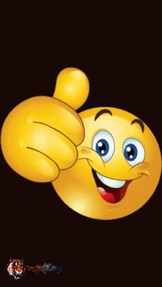 an emoticive smiley face with two thumbs up in front of a black background