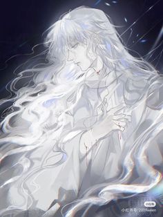 an anime character with long white hair and flowing water around her head, in front of a dark background