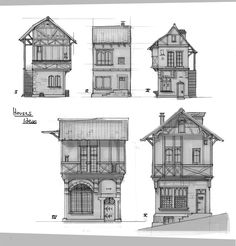 three different views of a house with windows and balconies on the second floor