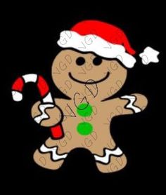 a drawing of a gingerbread man wearing a santa hat and holding a candy cane