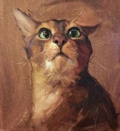 a painting of a cat with green eyes