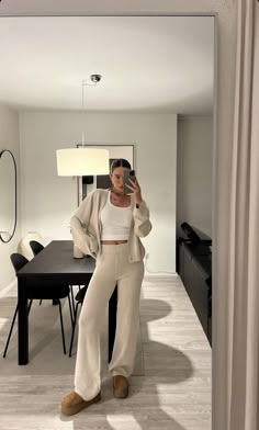 Beige Matching Set Outfit, Cozy Beige Outfit, Beige Knit Pants Outfit, Clothes At Home Outfit, Beige Lounge Pants Outfit, Tan Knit Pants Outfit, Ribbed Lounge Pants Outfit, Cream Color Sweatpants Outfit, Cozy Matching Set Outfit