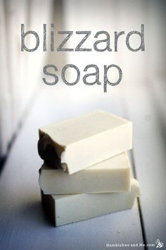 three soap bars stacked on top of each other with the words blizzard soap written above them