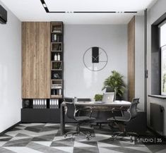 an office with black and white checkered flooring, wooden bookshelves and desk