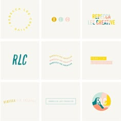 six different logos designed by graphic design studio, with the words rcc in bold colors