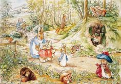 a painting of rabbits and other animals in the woods